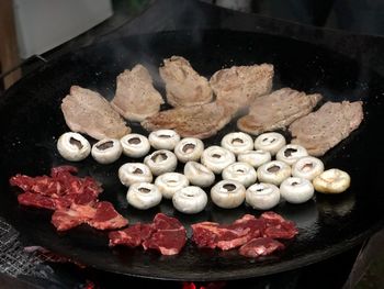 High angle view of meat in container