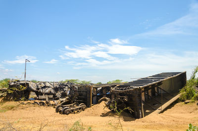 Wrecks of train on sand against blue sky