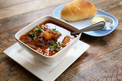 High angle view of soup in bowl on table