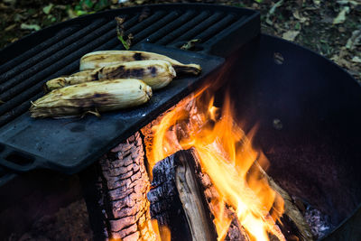 High angle view of corns being roasted on grill in back yard