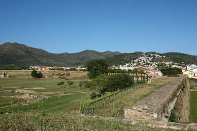 Scenic view of field against clear blue sky