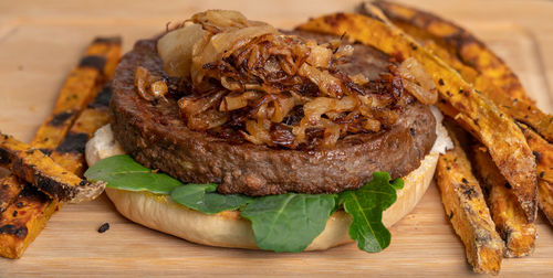 Close-up of burger on cutting board