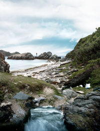 Scenic view of rocks in sea against sky