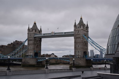 Low angle view of tower bridge in london against cloudy sky