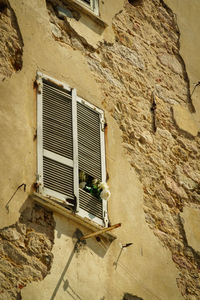 Low angle view of window on wall of old building