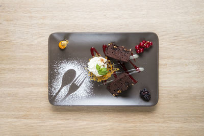 High angle view of dessert in plate on table