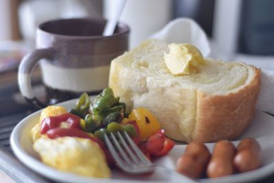 Close-up of breakfast served on table