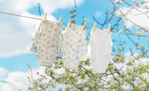 Low angle view of clothes drying on tree against sky