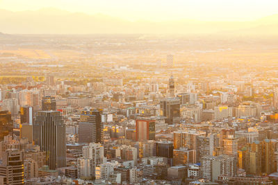 High angle view of cityscape during sunset