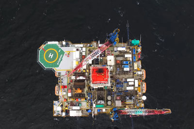 High angle view of ship by sea