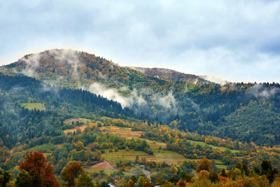 Scenic view of mountains against cloudy sky