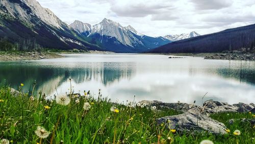 Scenic view of lake and snowcapped mountains against sky