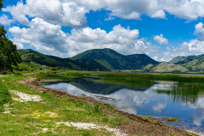 Scenic view of lake and mountains against sky