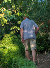Rear view of man standing against plants