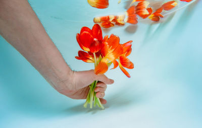 Person holding bouquet of tulip flowers underwater