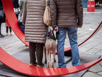 Low section of man walking with dog