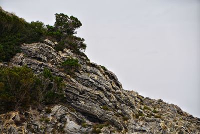 Low angle view of rock formation on mountain against sky