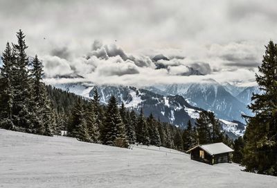 Scenic view of snow covered mountains against sky