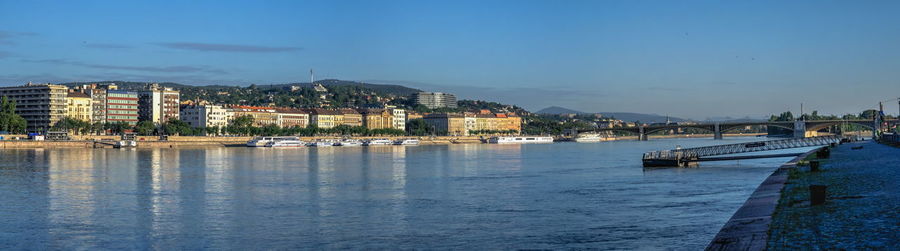 Panoramic view of the danube river and the embankment of buda on a sunny summer morning