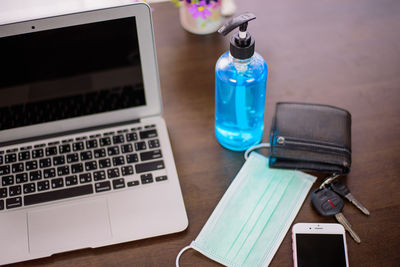 High angle view of mobile phone on table