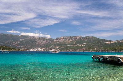 Scenic view of sea by mountains against sky