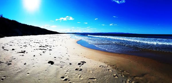 Scenic view of beach against blue sky