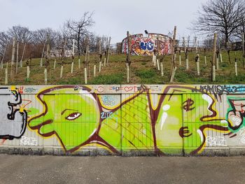 Graffiti on wall by trees against sky