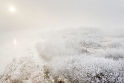 Scenic view of snow covered land against sky