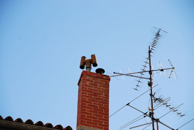 Low angle view of birds on building against clear sky