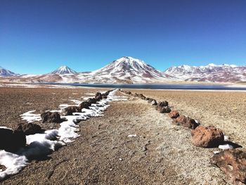 Scenic view of lake and mountains against clear blue sky during winter