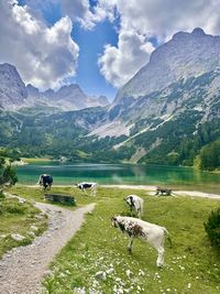 Scenic view of lake and mountains against sky