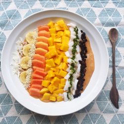 Directly above shot of fresh fruit salad served in plate