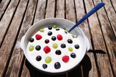 High angle view of dessert in bowl on table