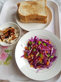 High angle view of breakfast served on table