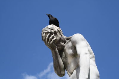 Raven sitting on statue against blue sky