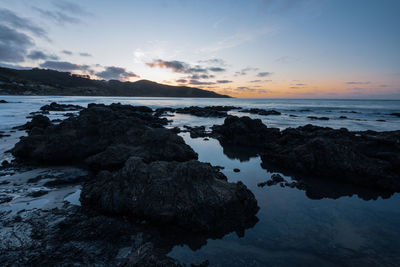 Rocks on beach against sky during sunset