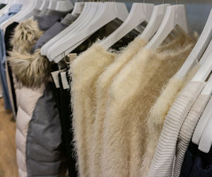 Close-up of warm clothing in store