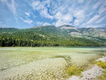 Scenic view of lake and mountains against sky