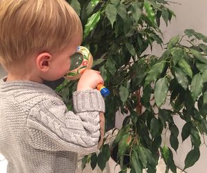Boy looking at plant with magnifying glass