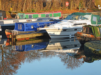 High angle view of boats moored in lake