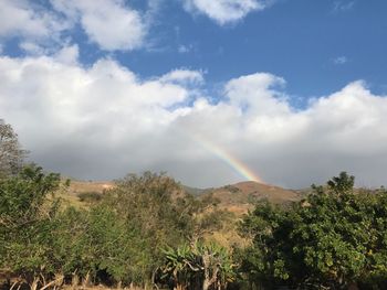 Scenic view of rainbow over landscape against sky