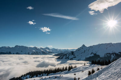 Scenic view of snowcapped mountains against sky