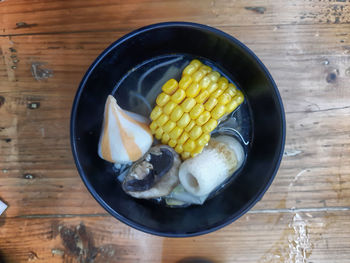 High angle view of food in plate on table