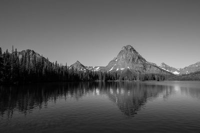 Panoramic view of lake and mountains against clear sky