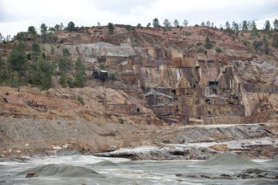 Rock formation on land against cloudy sky