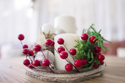 Close-up of strawberries in basket on table