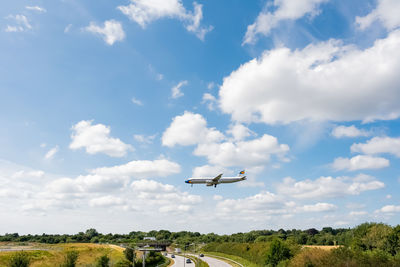 Low angle view of airplane flying over field against sky