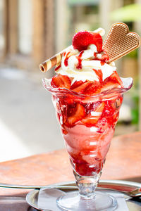 Close-up of ice cream on table