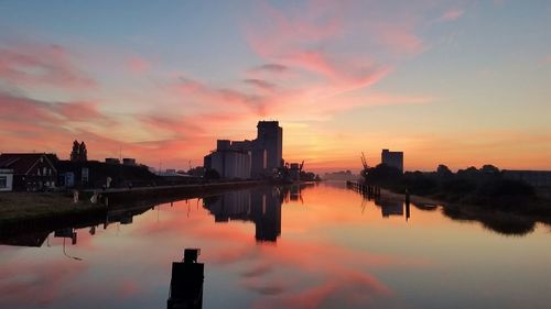 Scenic view of city against sky during sunset