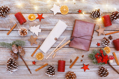 High angle view of christmas decoration on table